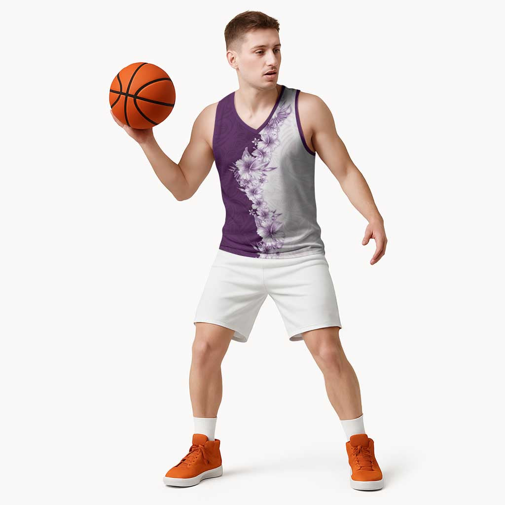 Hawaii Hibiscus Flowers Basketball Jersey Purple Polynesian Pattern