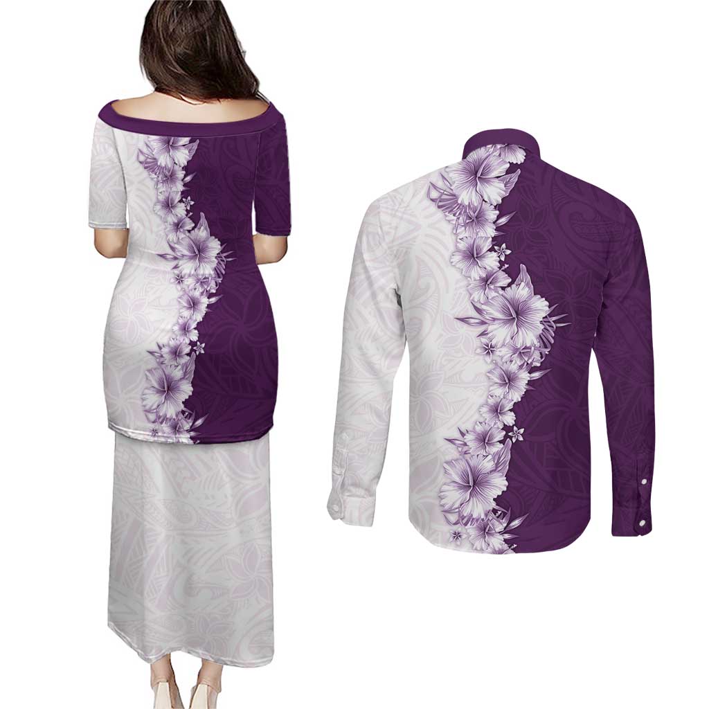 Hawaii Hibiscus Flowers Couples Matching Puletasi and Long Sleeve Button Shirt Purple Polynesian Pattern