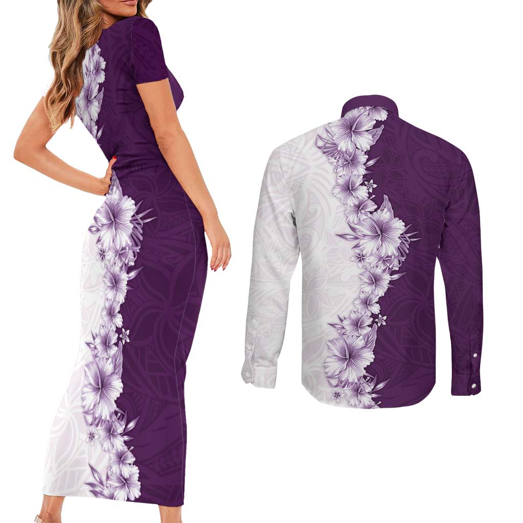 Hawaii Hibiscus Flowers Couples Matching Short Sleeve Bodycon Dress and Long Sleeve Button Shirt Purple Polynesian Pattern