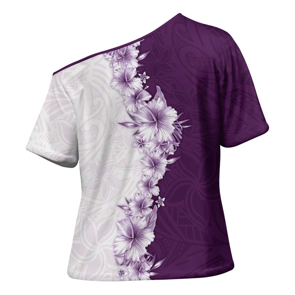 Hawaii Hibiscus Flowers Cross Shoulder Shirt Purple Polynesian Pattern