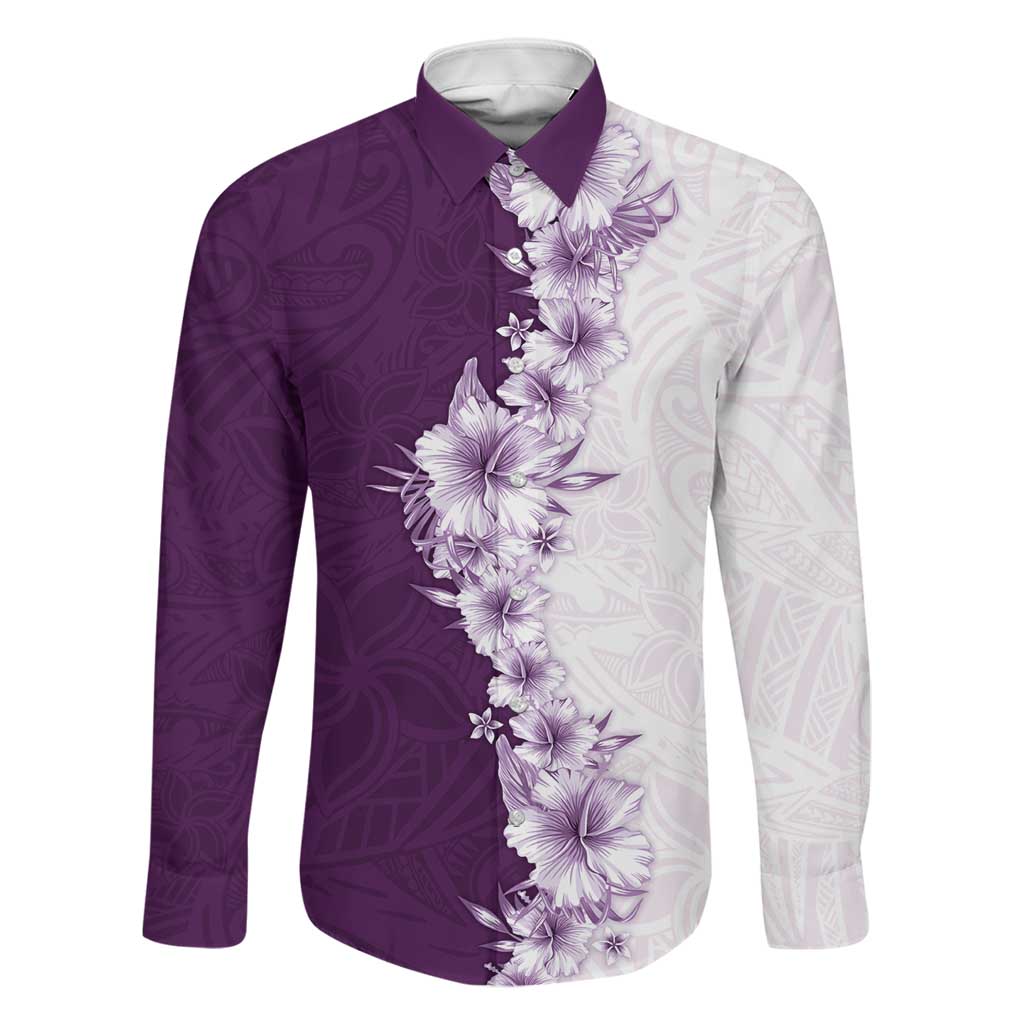 Hawaii Hibiscus Flowers Family Matching Off The Shoulder Long Sleeve Dress and Hawaiian Shirt Purple Polynesian Pattern LT05 Dad's Shirt - Long Sleeve Purple - Polynesian Pride