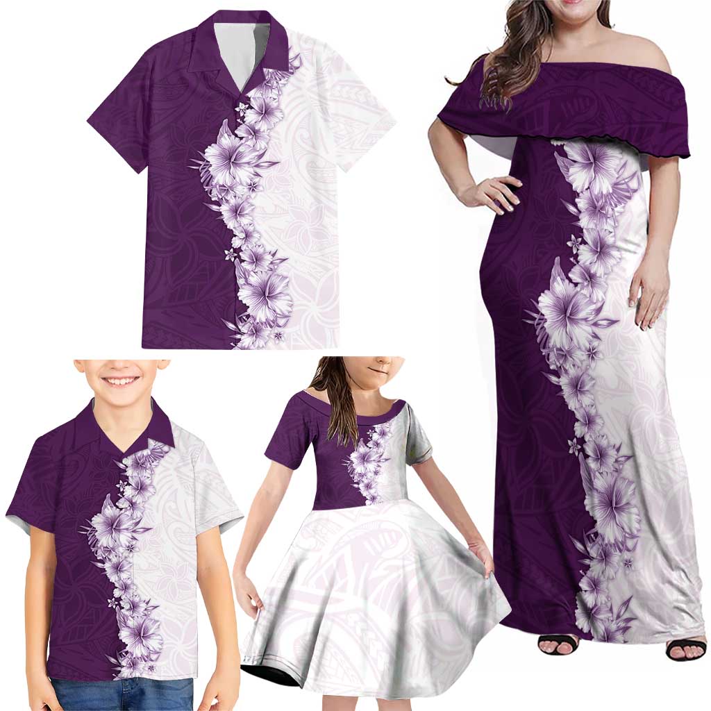 Hawaii Hibiscus Flowers Family Matching Off Shoulder Maxi Dress and Hawaiian Shirt Purple Polynesian Pattern