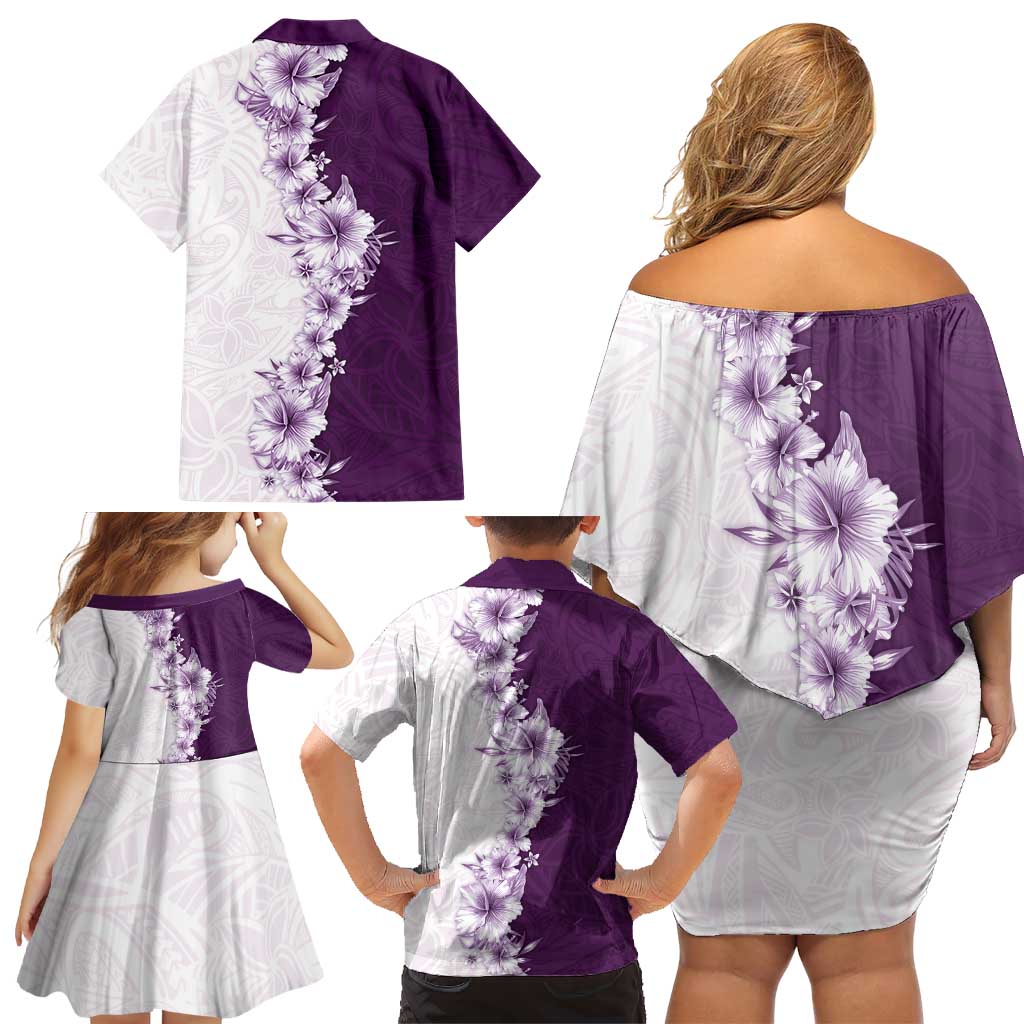 Hawaii Hibiscus Flowers Family Matching Off Shoulder Short Dress and Hawaiian Shirt Purple Polynesian Pattern