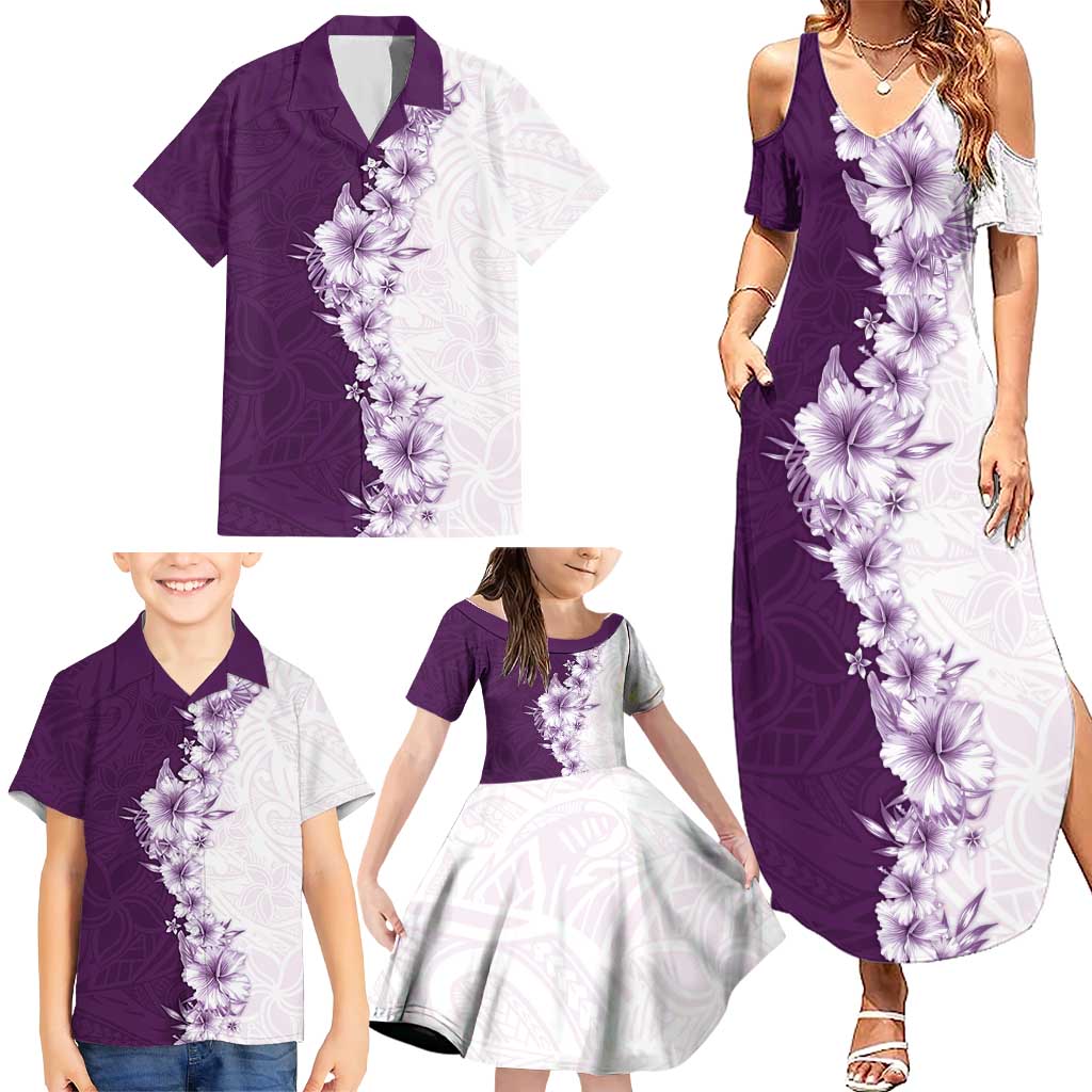 Hawaii Hibiscus Flowers Family Matching Summer Maxi Dress and Hawaiian Shirt Purple Polynesian Pattern