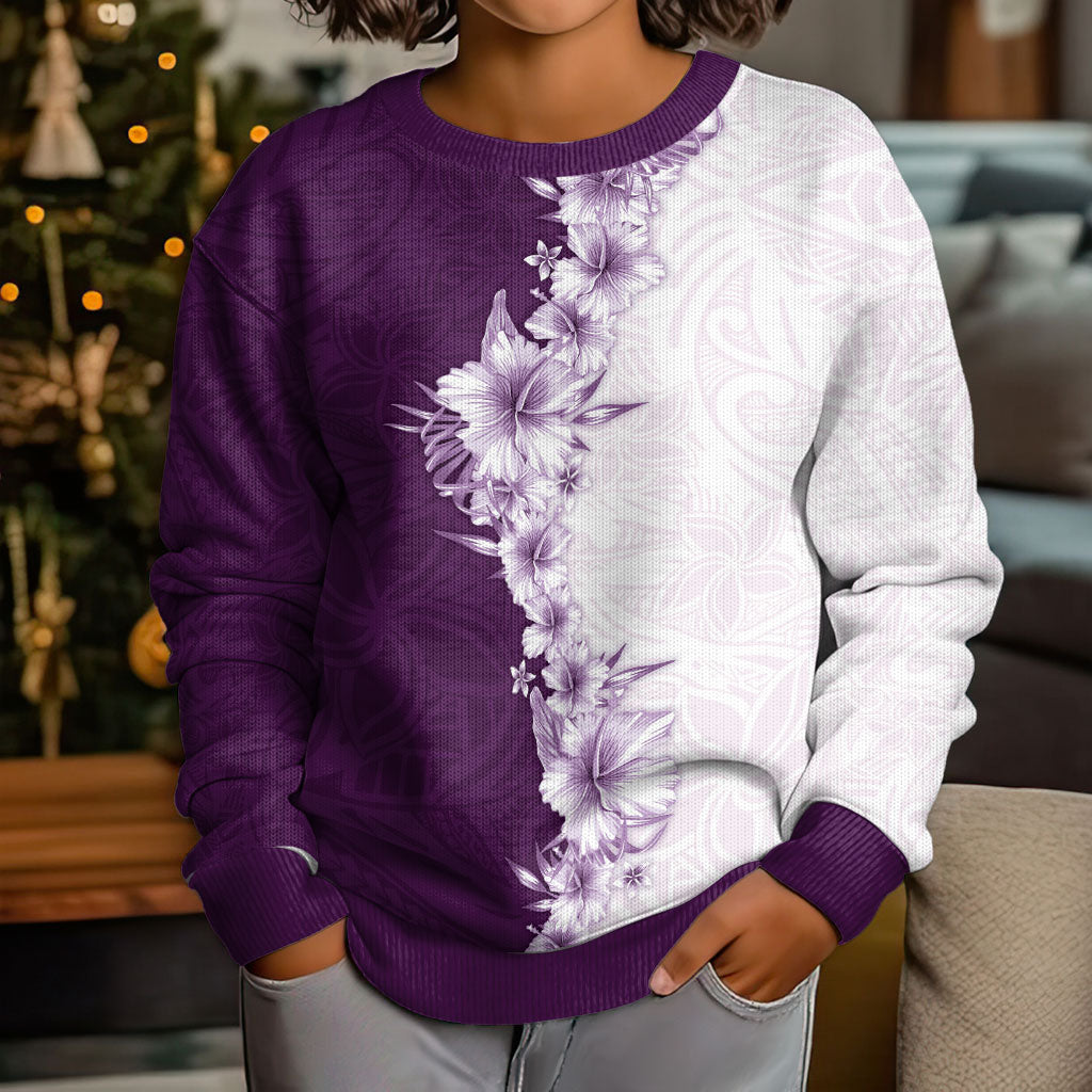 Hawaii Hibiscus Flowers Kid Ugly Christmas Sweater Purple Polynesian Pattern LT05 - Polynesian Pride