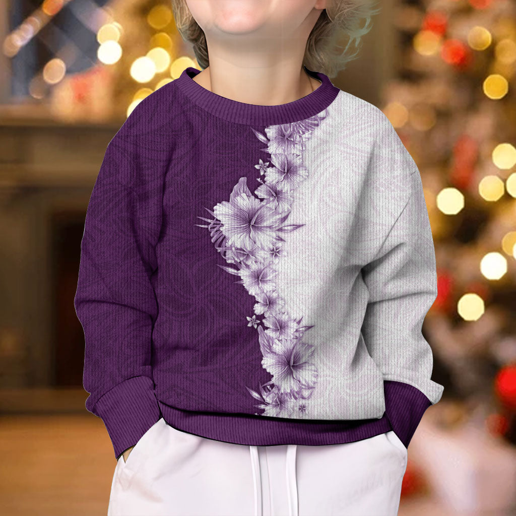 Hawaii Hibiscus Flowers Kid Ugly Christmas Sweater Purple Polynesian Pattern LT05 - Polynesian Pride