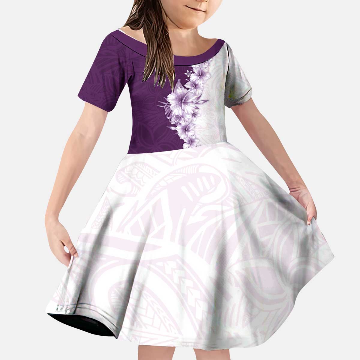 Hawaii Hibiscus Flowers Kid Short Sleeve Dress Purple Polynesian Pattern