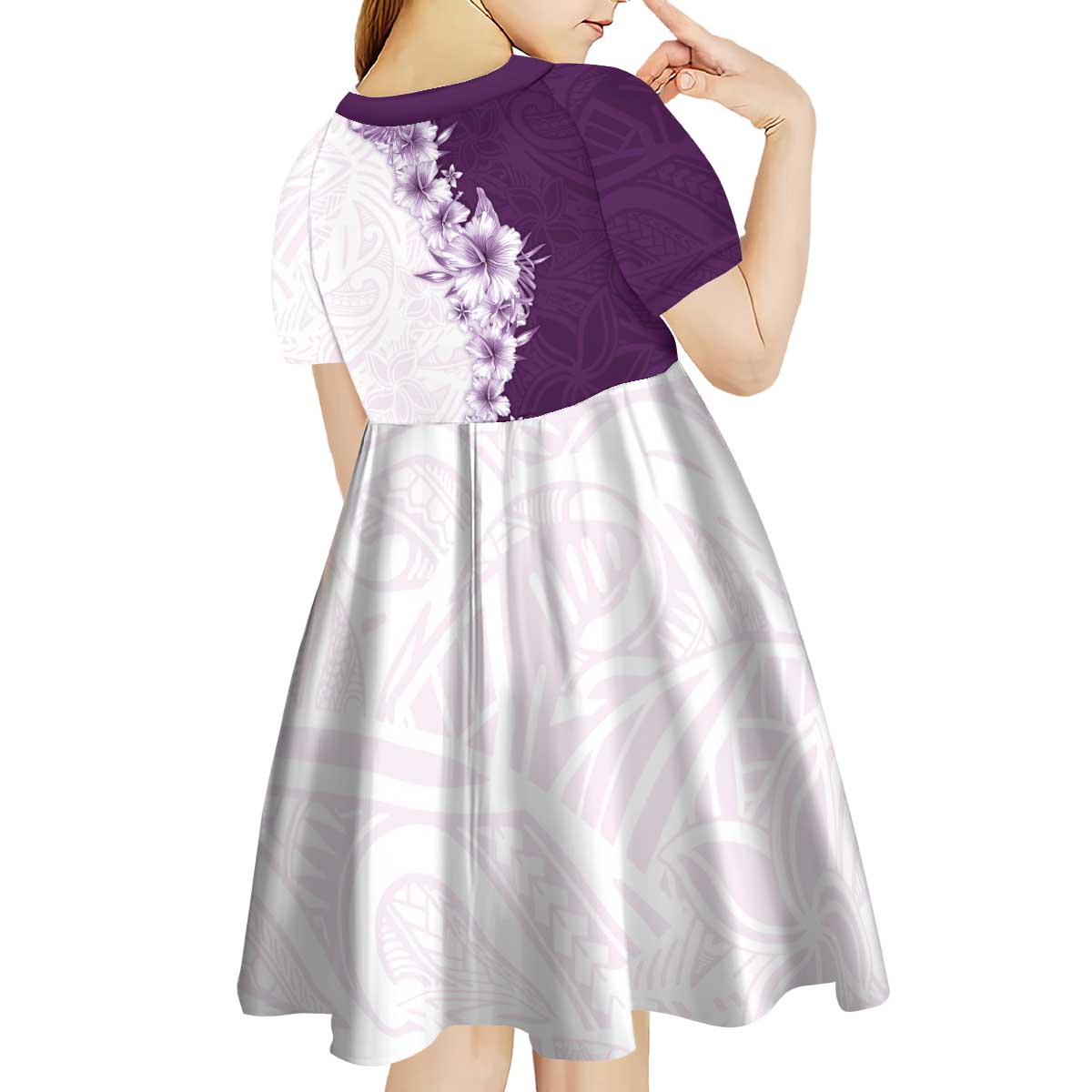 Hawaii Hibiscus Flowers Kid Short Sleeve Dress Purple Polynesian Pattern