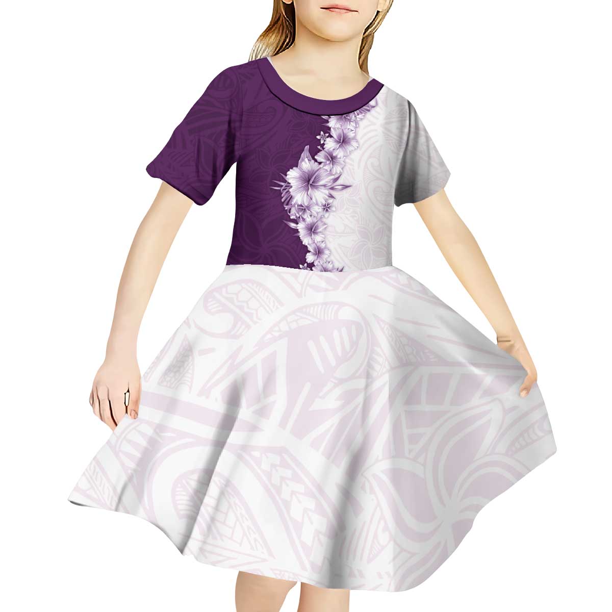 Hawaii Hibiscus Flowers Kid Short Sleeve Dress Purple Polynesian Pattern