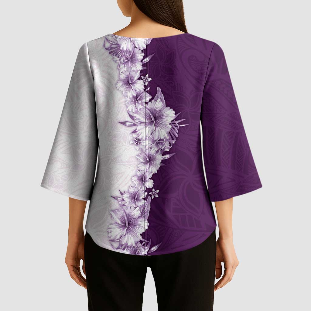 Hawaii Hibiscus Flowers Kimono Sleeve Blouse Purple Polynesian Pattern