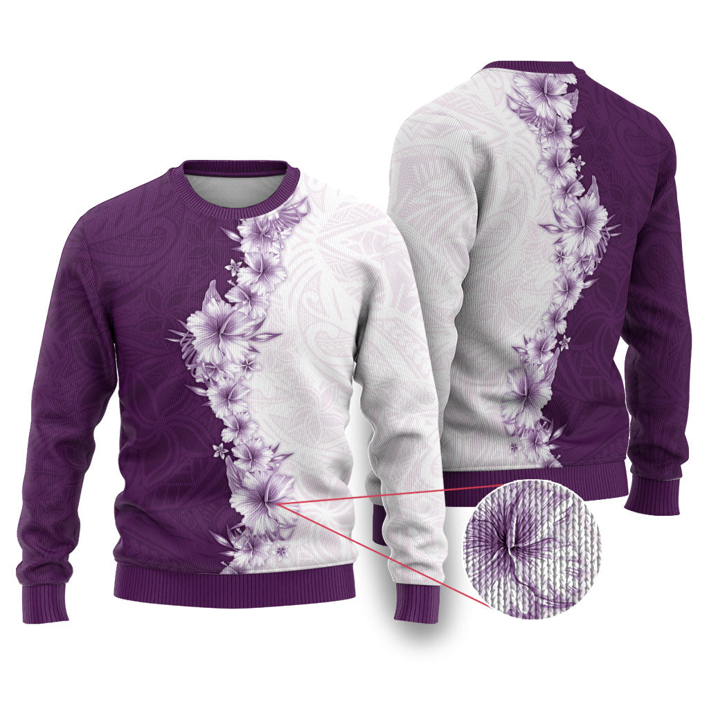 Hawaii Hibiscus Flowers Ugly Christmas Sweater Purple Polynesian Pattern LT05 Purple - Polynesian Pride