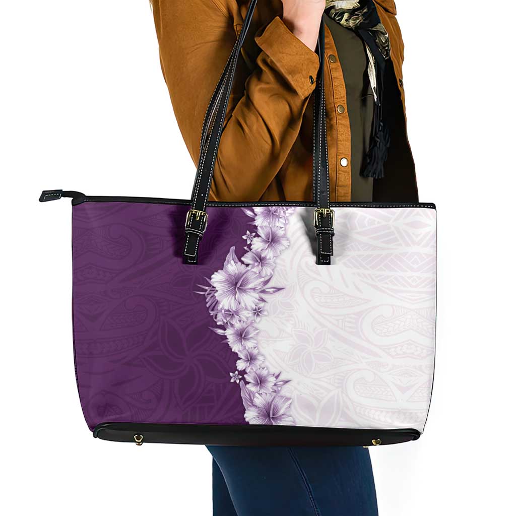 Hawaii Hibiscus Flowers Leather Tote Bag Purple Polynesian Pattern