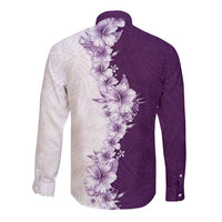 Hawaii Hibiscus Flowers Long Sleeve Button Shirt Purple Polynesian Pattern