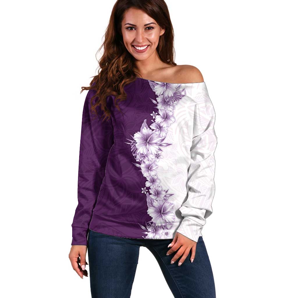 Hawaii Hibiscus Flowers Off Shoulder Sweater Purple Polynesian Pattern