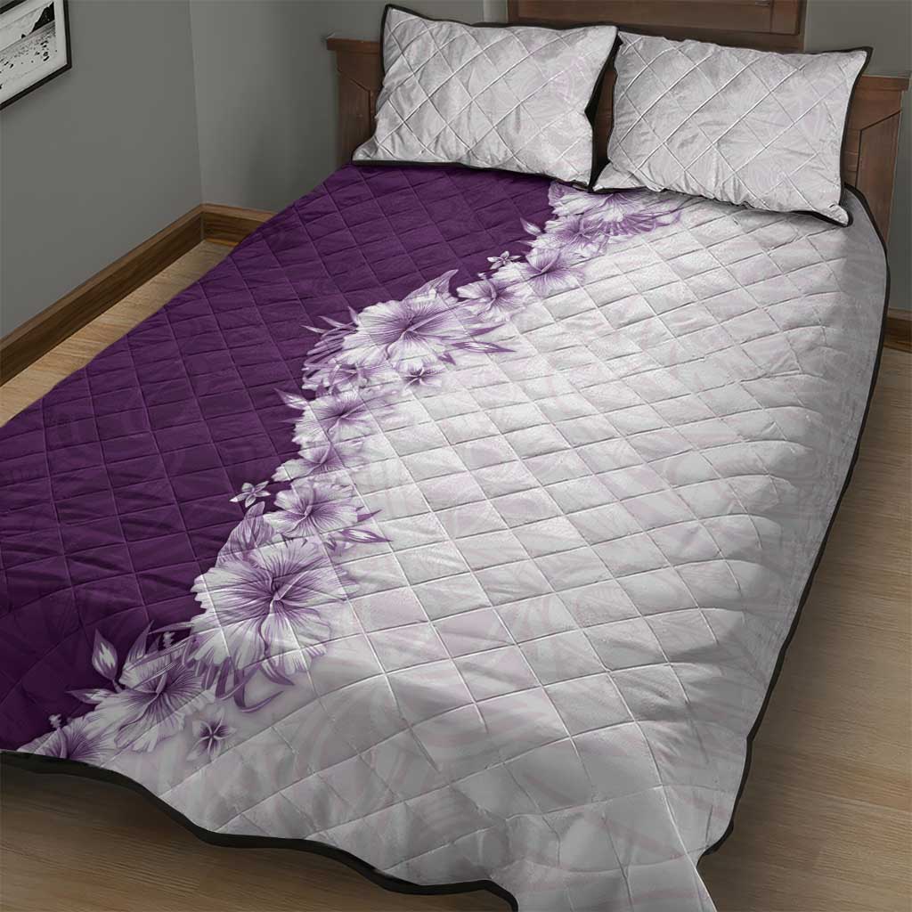 Hawaii Hibiscus Flowers Quilt Bed Set Purple Polynesian Pattern