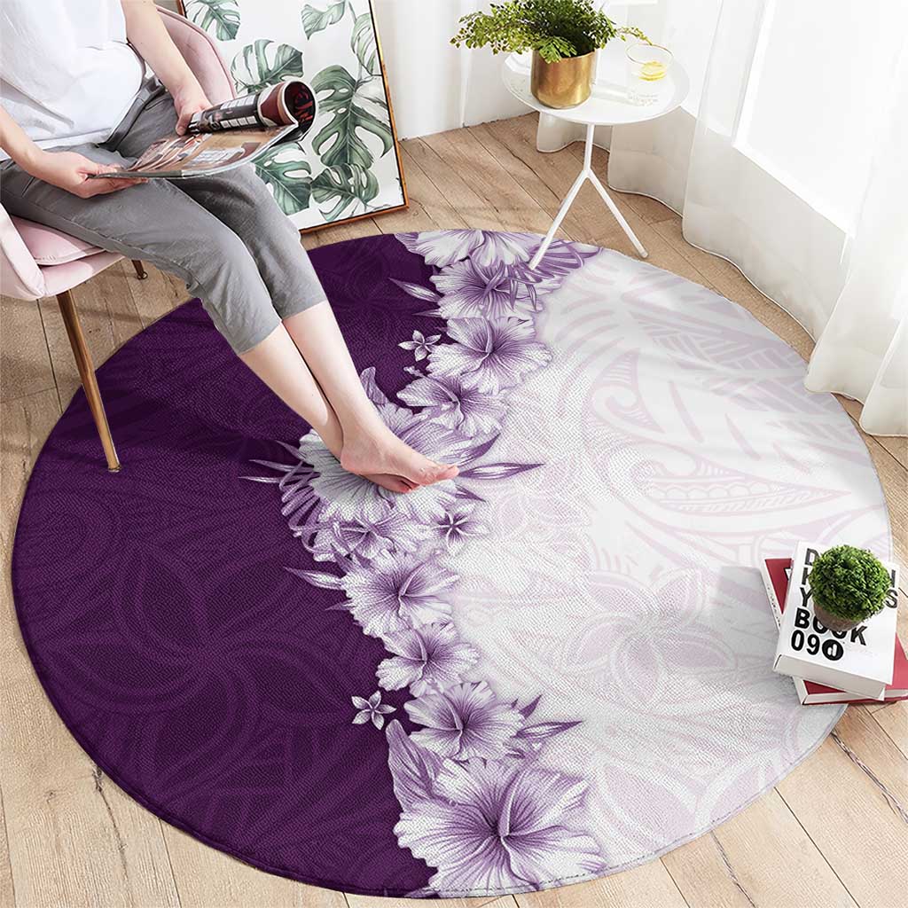 Hawaii Hibiscus Flowers Round Carpet Purple Polynesian Pattern