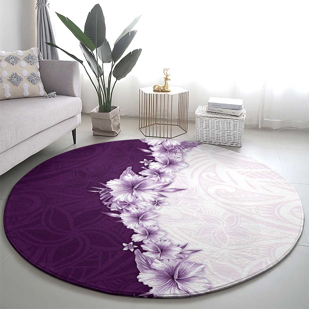 Hawaii Hibiscus Flowers Round Carpet Purple Polynesian Pattern