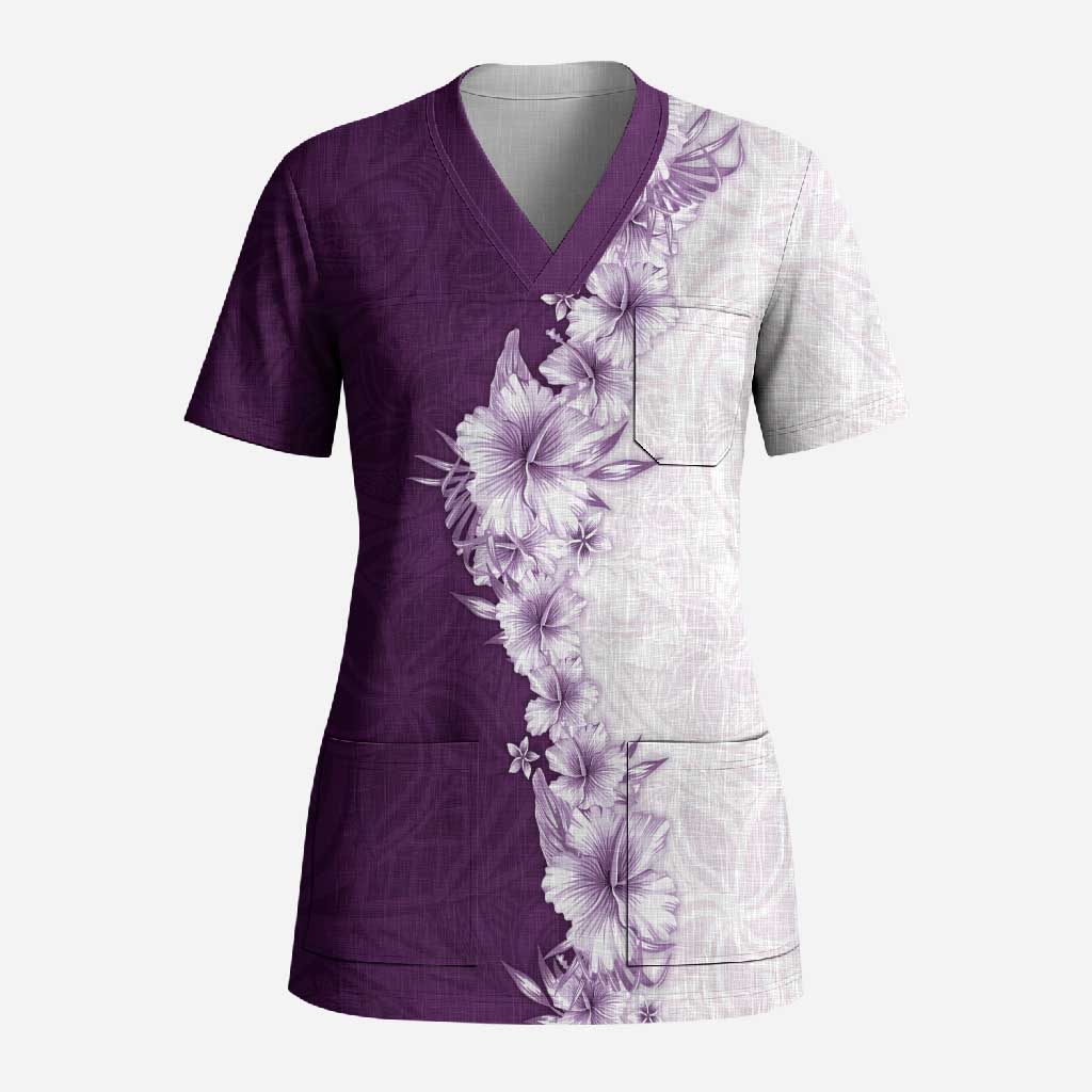 Hawaii Hibiscus Flowers Scrub Top Purple Polynesian Pattern