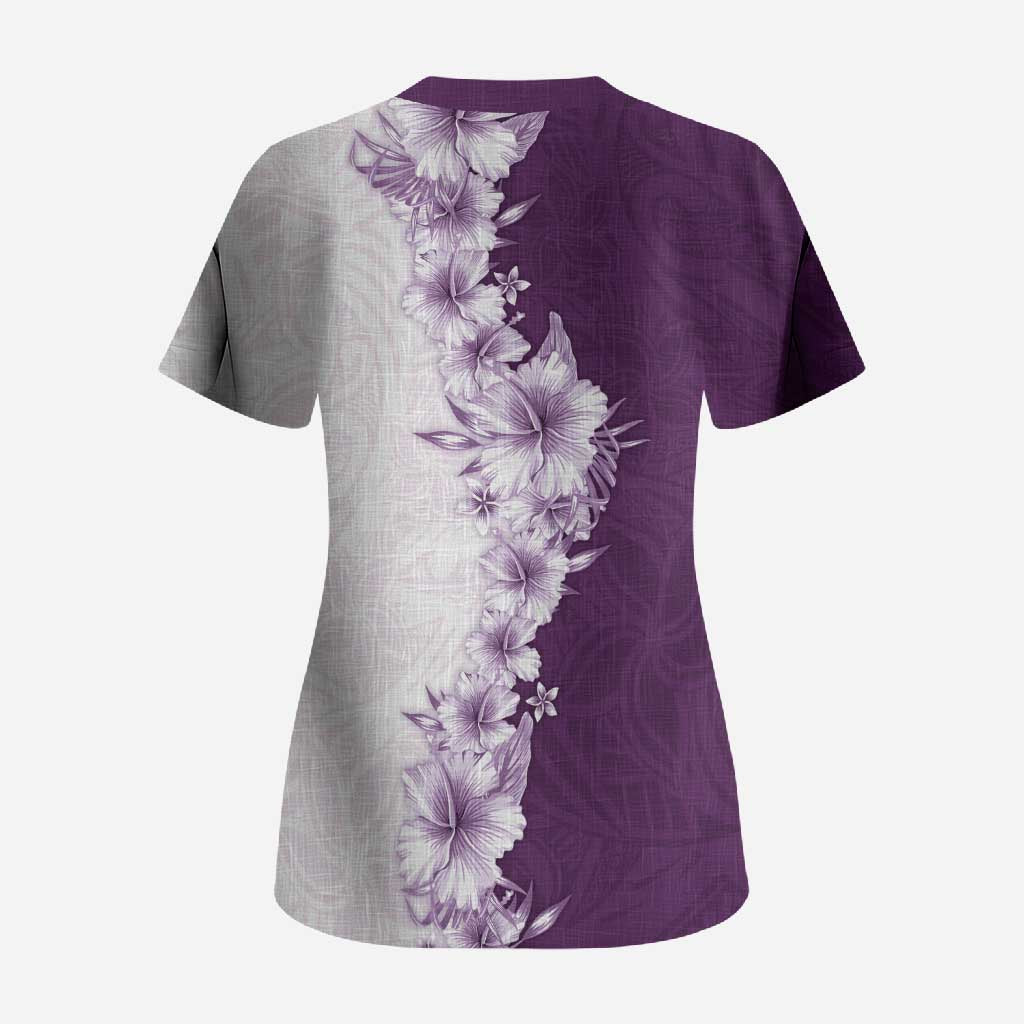 Hawaii Hibiscus Flowers Scrub Top Purple Polynesian Pattern