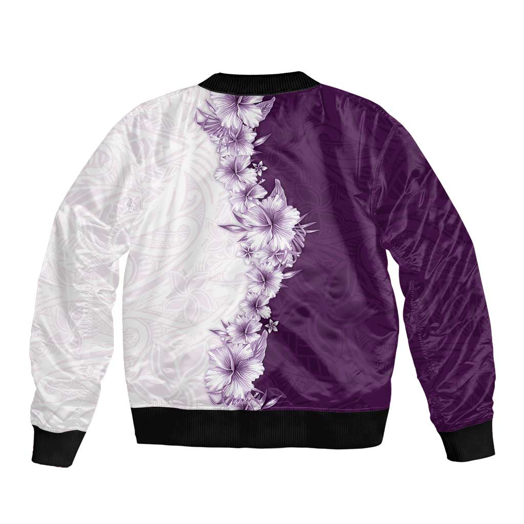 Hawaii Hibiscus Flowers Sleeve Zip Bomber Jacket Purple Polynesian Pattern