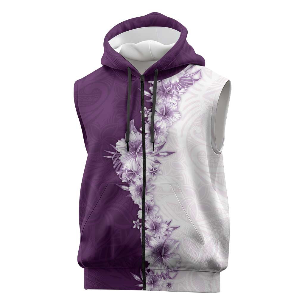 Hawaii Hibiscus Flowers Sleeveless Zip Hoodie Purple Polynesian Pattern