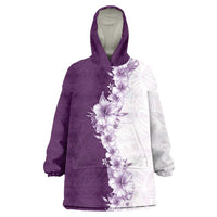 Hawaii Hibiscus Flowers Wearable Blanket Hoodie Purple Polynesian Pattern