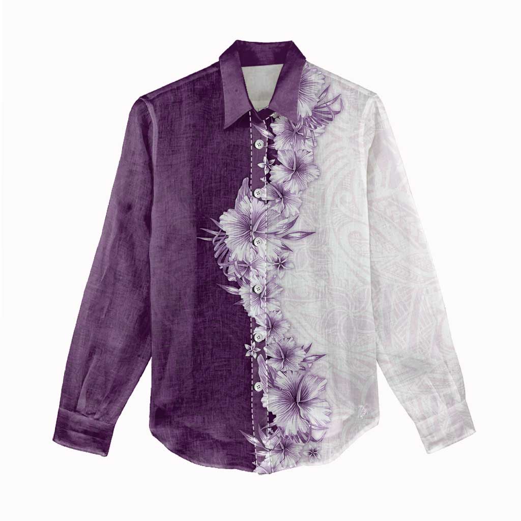 Hawaii Hibiscus Flowers Women Casual Shirt Purple Polynesian Pattern