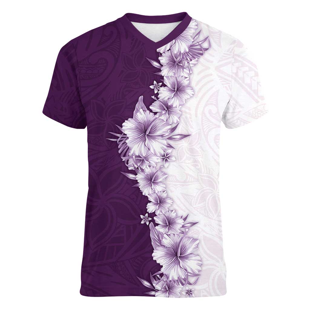 Hawaii Hibiscus Flowers Women V-Neck T-Shirt Purple Polynesian Pattern