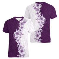Hawaii Hibiscus Flowers Women V-Neck T-Shirt Purple Polynesian Pattern