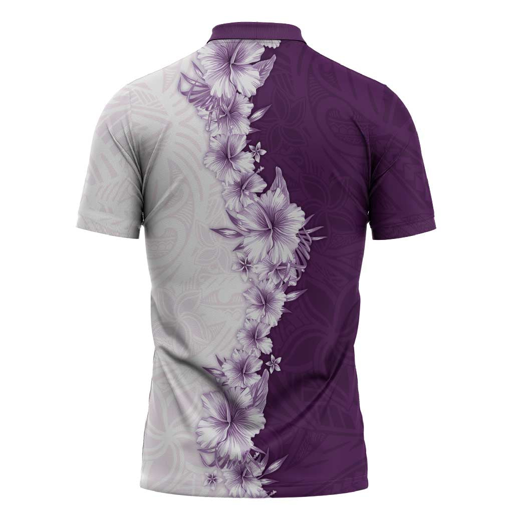Hawaii Hibiscus Flowers Zipper Polo Shirt Purple Polynesian Pattern