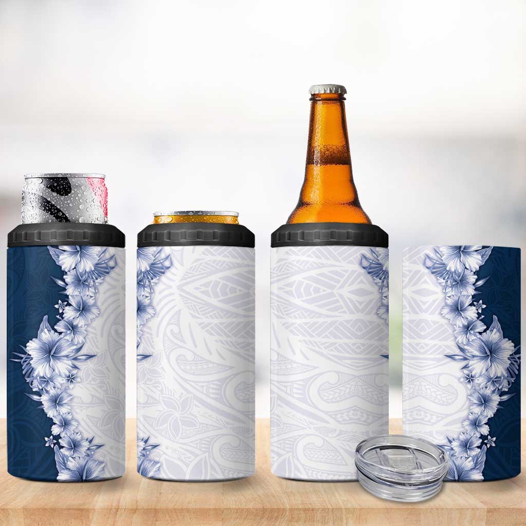 Hawaii Hibiscus Flowers 4 in 1 Can Cooler Tumbler Blue Polynesian Pattern
