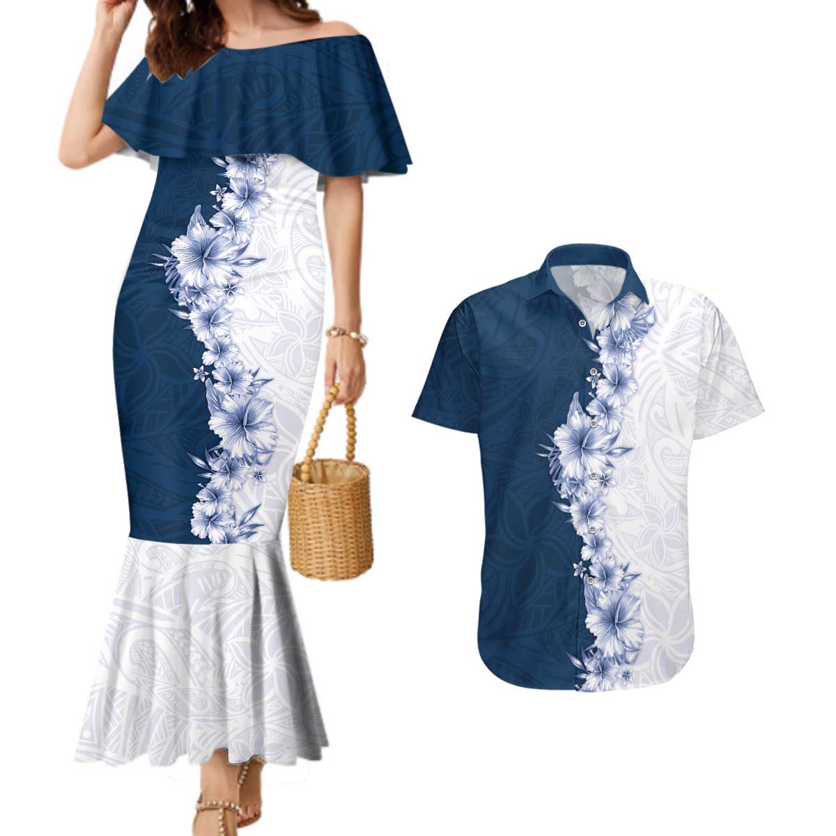 Hawaii Hibiscus Flowers Couples Matching Mermaid Dress and Hawaiian Shirt Blue Polynesian Pattern