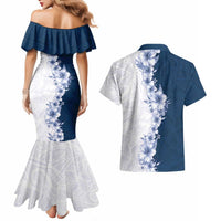 Hawaii Hibiscus Flowers Couples Matching Mermaid Dress and Hawaiian Shirt Blue Polynesian Pattern