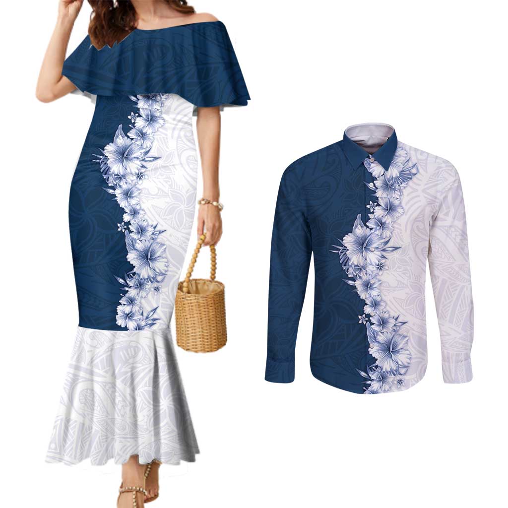 Hawaii Hibiscus Flowers Couples Matching Mermaid Dress and Long Sleeve Button Shirt Blue Polynesian Pattern