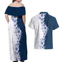 Hawaii Hibiscus Flowers Couples Matching Off Shoulder Maxi Dress and Hawaiian Shirt Blue Polynesian Pattern