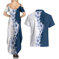 Hawaii Hibiscus Flowers Couples Matching Summer Maxi Dress and Hawaiian Shirt Blue Polynesian Pattern