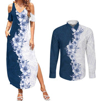 Hawaii Hibiscus Flowers Couples Matching Summer Maxi Dress and Long Sleeve Button Shirt Blue Polynesian Pattern