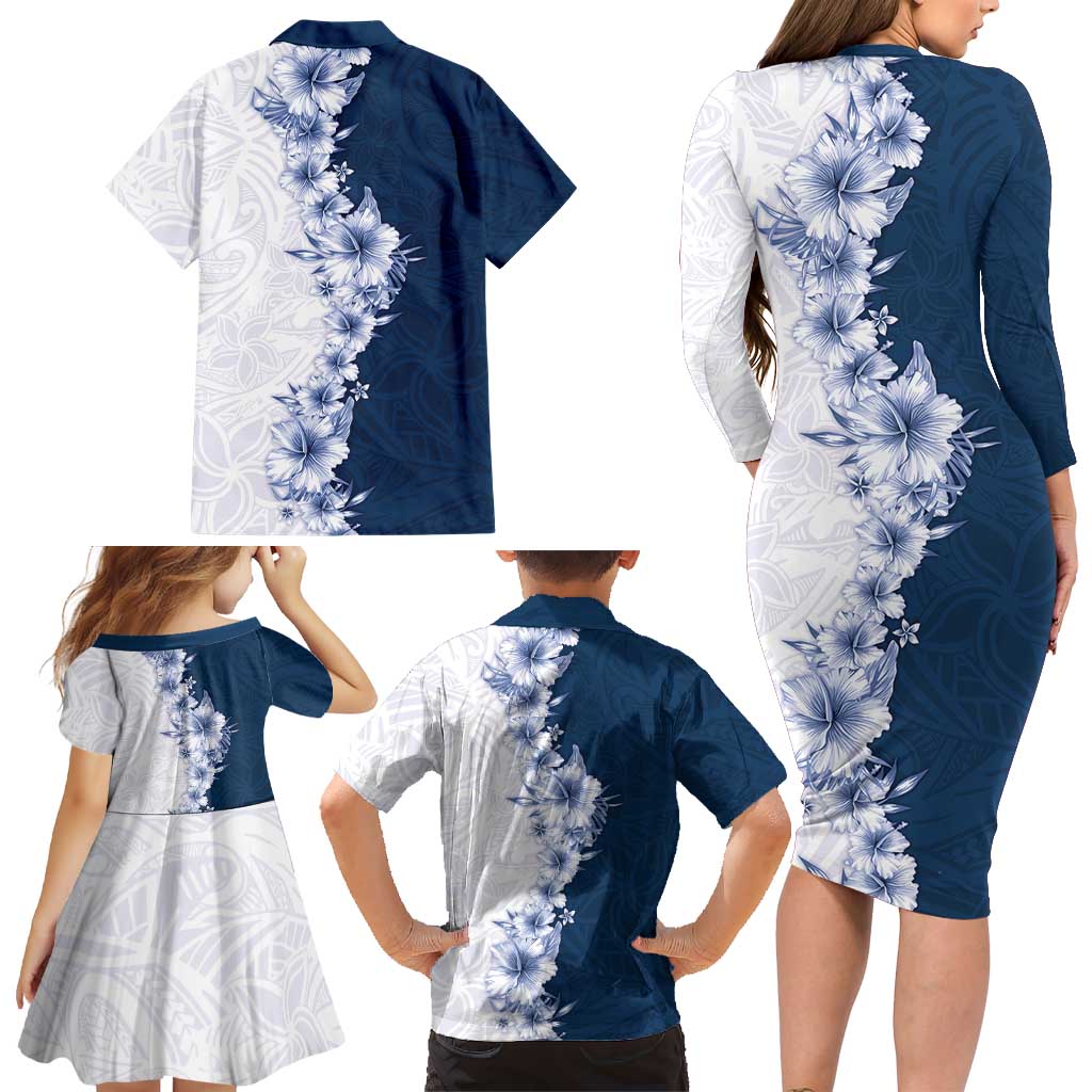 Hawaii Hibiscus Flowers Family Matching Long Sleeve Bodycon Dress and Hawaiian Shirt Blue Polynesian Pattern
