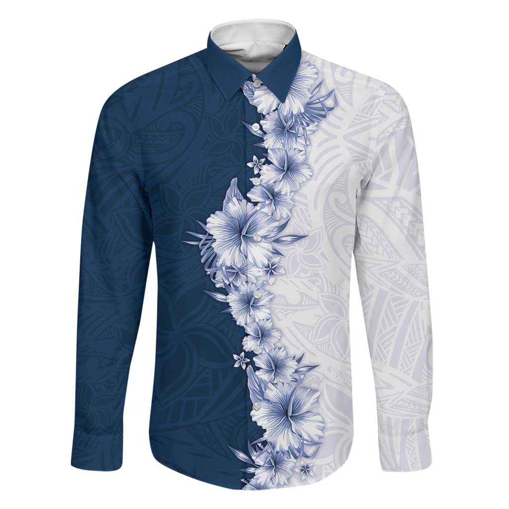 Hawaii Hibiscus Flowers Family Matching Long Sleeve Bodycon Dress and Hawaiian Shirt Blue Polynesian Pattern