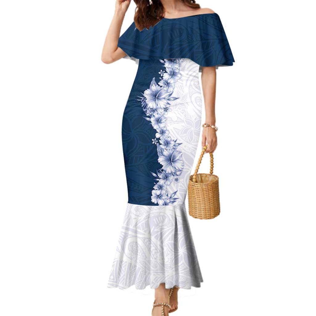 Hawaii Hibiscus Flowers Family Matching Mermaid Dress and Hawaiian Shirt Blue Polynesian Pattern