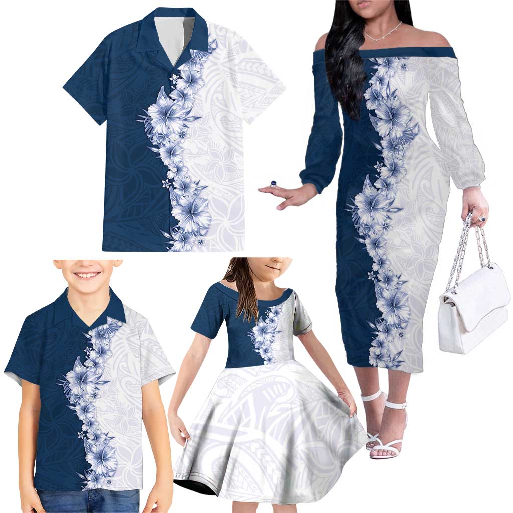 Hawaii Hibiscus Flowers Family Matching Off The Shoulder Long Sleeve Dress and Hawaiian Shirt Blue Polynesian Pattern LT05 - Polynesian Pride