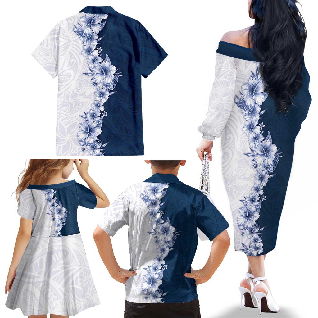 Hawaii Hibiscus Flowers Family Matching Off The Shoulder Long Sleeve Dress and Hawaiian Shirt Blue Polynesian Pattern LT05 - Polynesian Pride