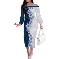 Hawaii Hibiscus Flowers Family Matching Off The Shoulder Long Sleeve Dress and Hawaiian Shirt Blue Polynesian Pattern LT05 Mom's Dress Blue - Polynesian Pride