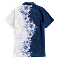 Hawaii Hibiscus Flowers Family Matching Off Shoulder Short Dress and Hawaiian Shirt Blue Polynesian Pattern