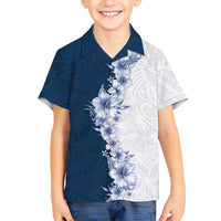 Hawaii Hibiscus Flowers Family Matching Off Shoulder Short Dress and Hawaiian Shirt Blue Polynesian Pattern