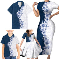 Hawaii Hibiscus Flowers Family Matching Short Sleeve Bodycon Dress and Hawaiian Shirt Blue Polynesian Pattern