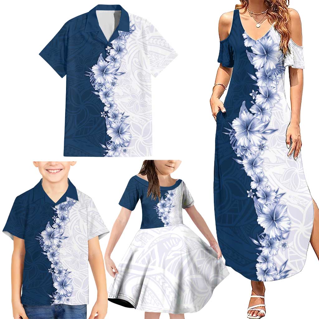 Hawaii Hibiscus Flowers Family Matching Summer Maxi Dress and Hawaiian Shirt Blue Polynesian Pattern