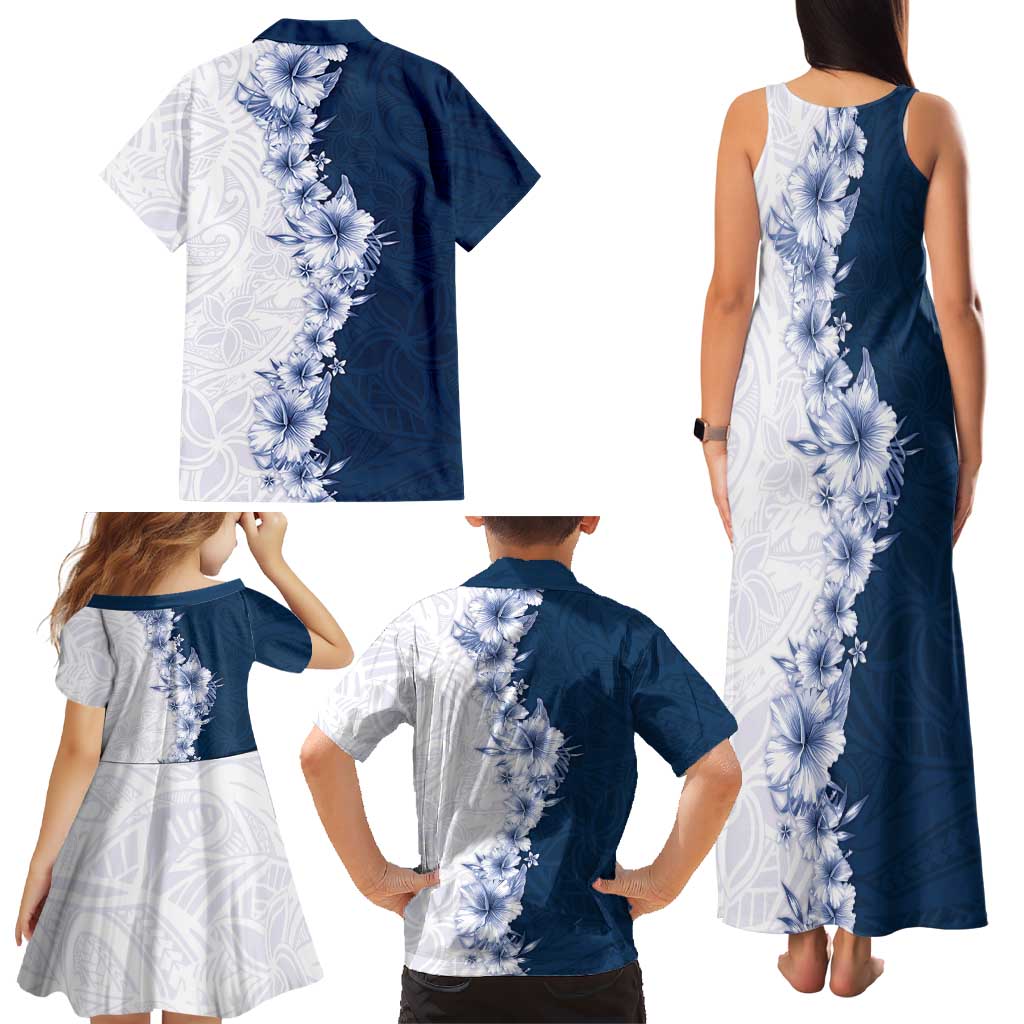 Hawaii Hibiscus Flowers Family Matching Tank Maxi Dress and Hawaiian Shirt Blue Polynesian Pattern