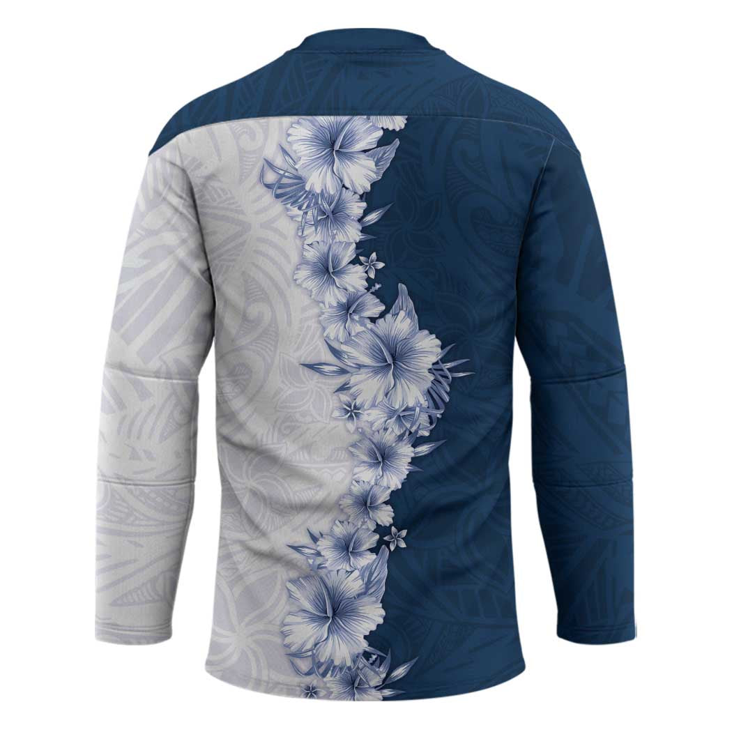 Hawaii Hibiscus Flowers Hockey Jersey Blue Polynesian Pattern