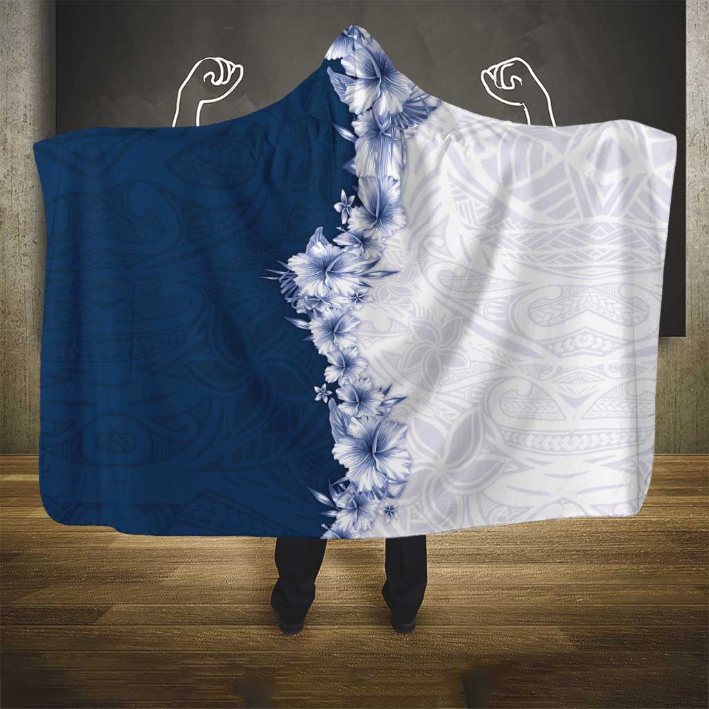 Hawaii Hibiscus Flowers Hooded Blanket Blue Polynesian Pattern